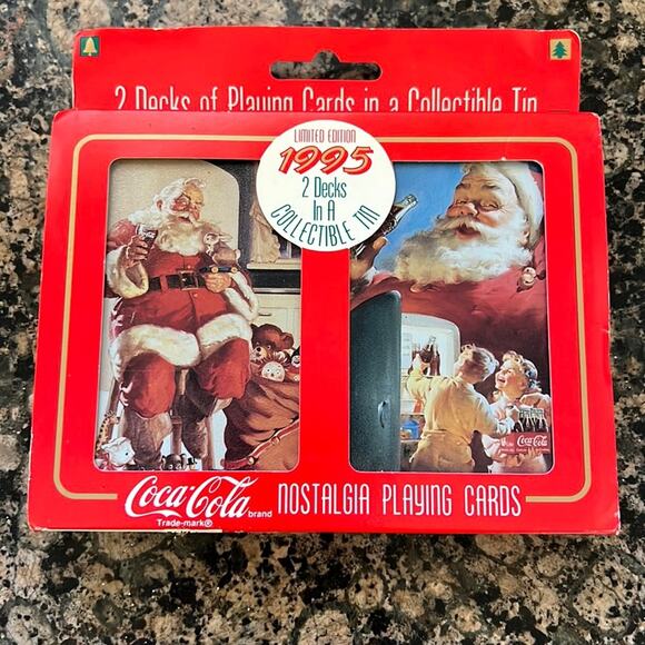 Two decks of Coca-Cola nostalgic playing cards in Coca-Cola tin 1995 NWOT - Picture 1 of 3